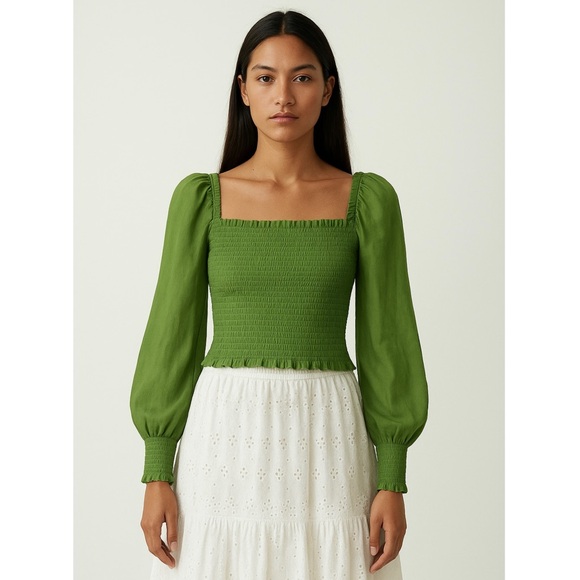 REFORMATION Bottle Green Square Neck Smocked Long Sleeve‎ Cottagecore Top Small
